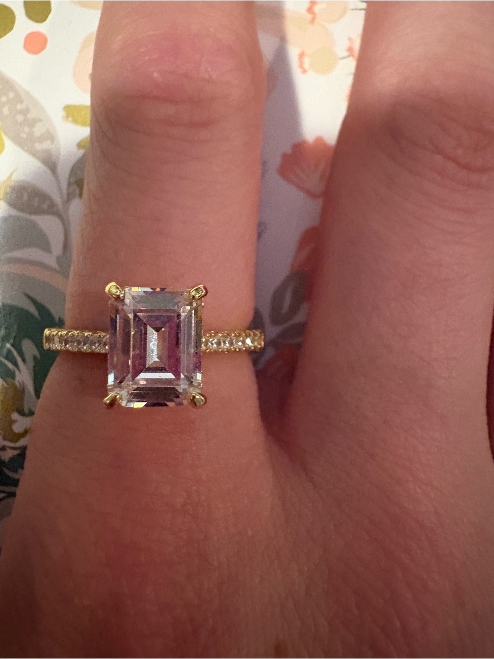 Gold Pave Band Ring with Emerald-Cut cubic zirconia size 8